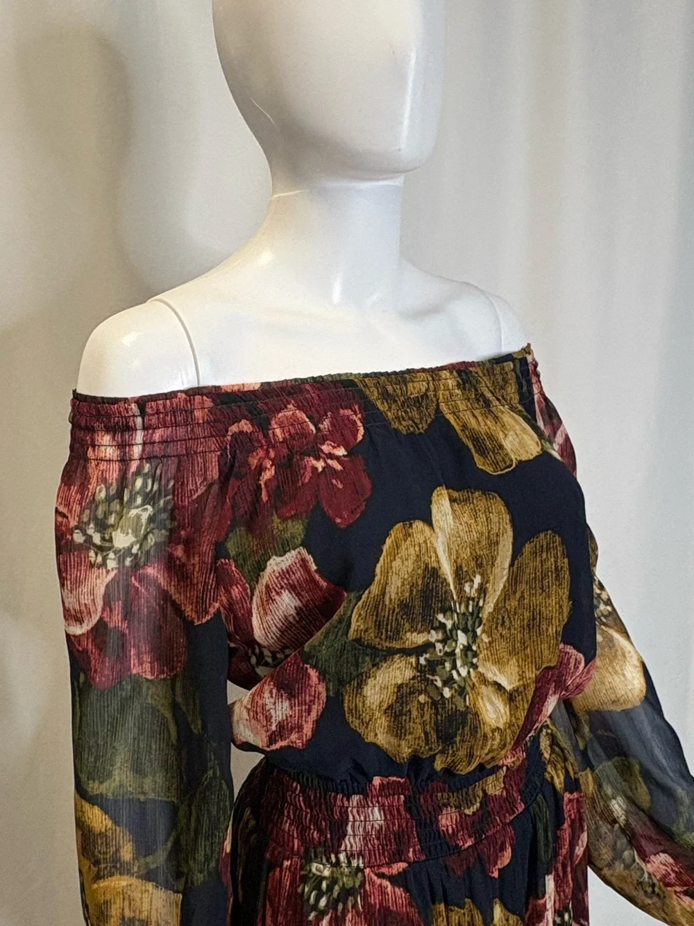 Abercrombie & Fitch Sheer Floral Smocked Neck Long Sleeve Maxi Dress Size XS